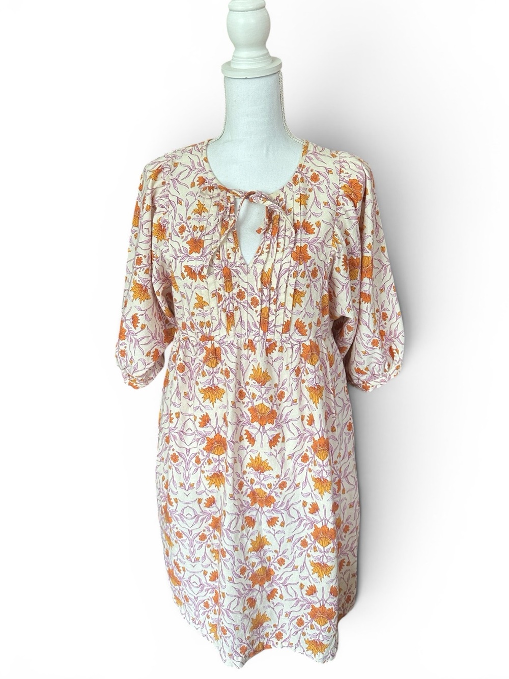 EUC 100% Cotton Floral Tie-Neck Sundress in Orange and Cream